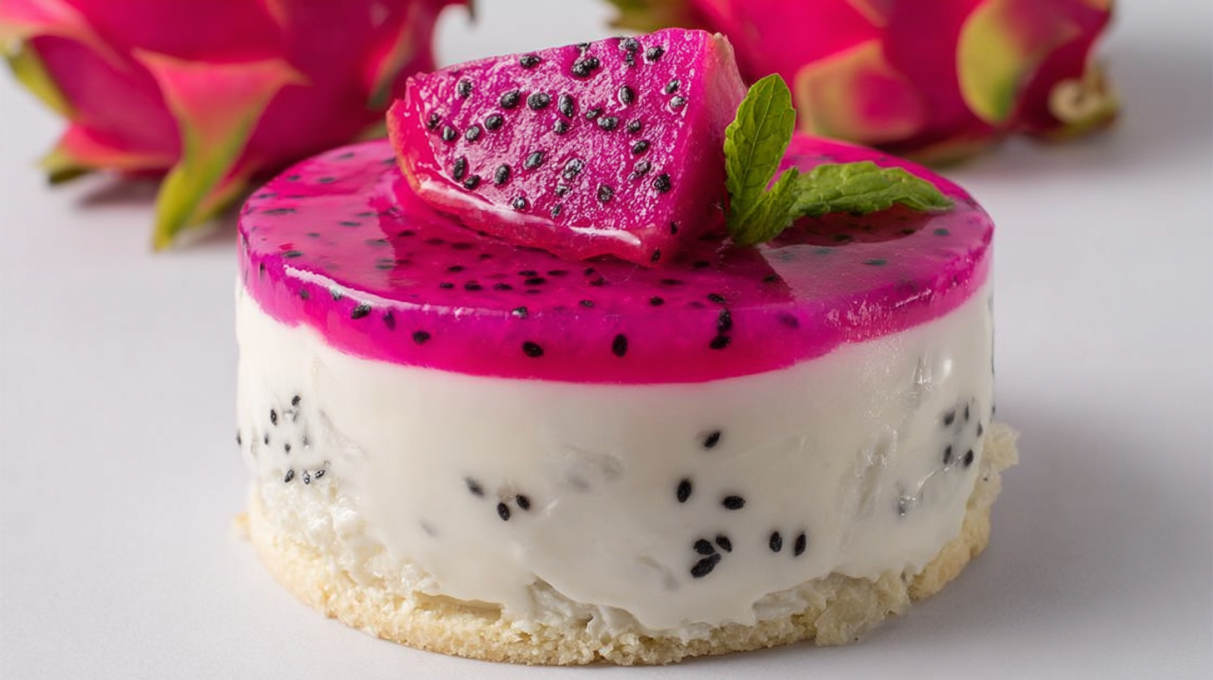 Dragon fruit cream cheese dessert with vibrant pink layers, creamy texture, and fresh fruit topping