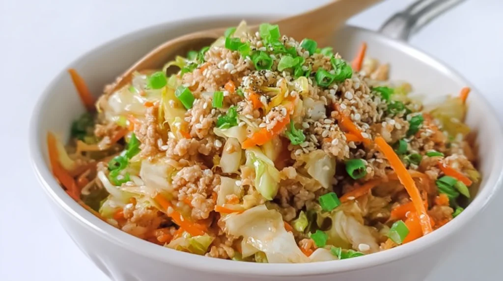 Egg roll in a bowl with ground meat, cabbage, carrots, and savory sauce served in a bowl