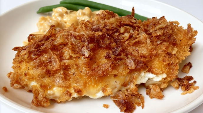 French fried onion chicken bake topped with crispy fried onions and melted cheese baked until golden