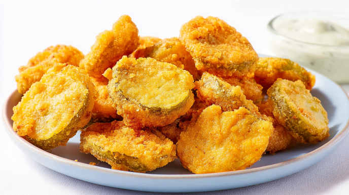 Fried pickles with a crispy golden coating served with dipping sauce