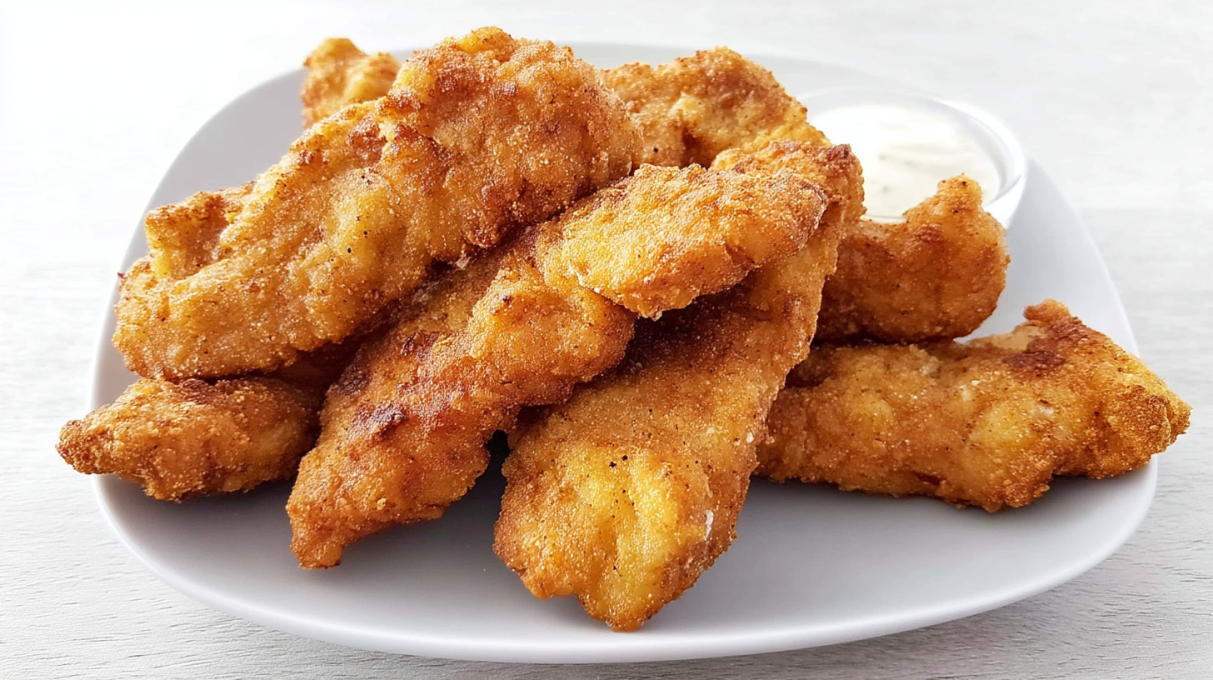 Fried sourdough chicken tenders with crispy golden coating served with dipping sauce
