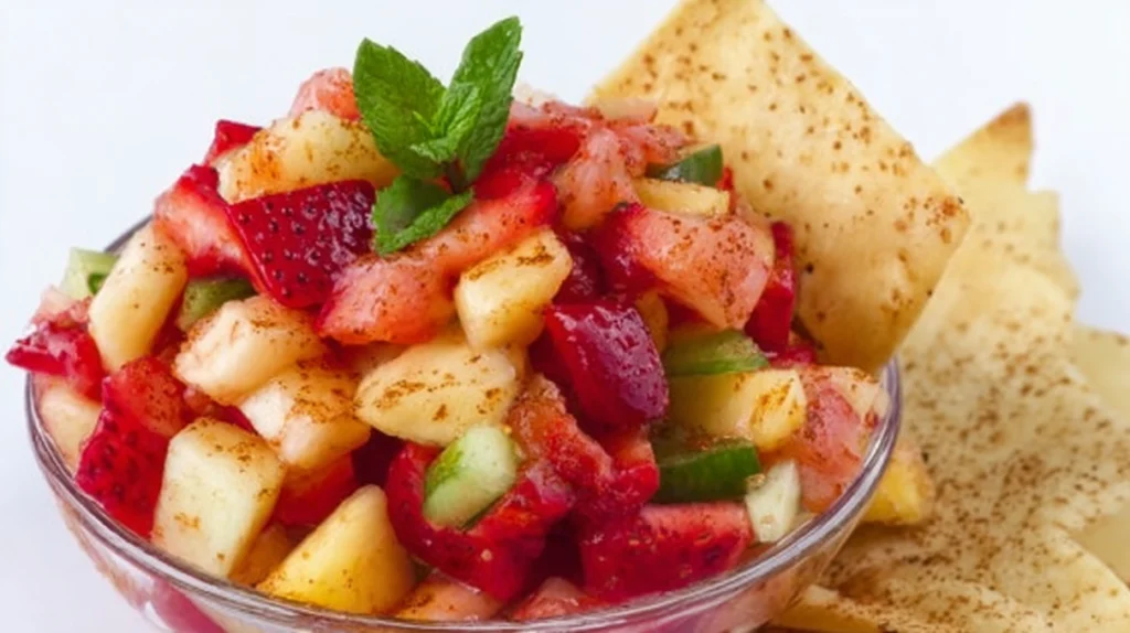 Fruit salsa made with diced fresh fruit served with crispy cinnamon sugar tortilla chips