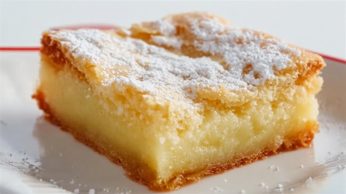 Gooey butter cake with a soft buttery base and rich creamy topping dusted with powdered sugar