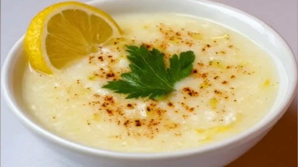 Greek egg and lemon soup with creamy broth, rice, and fresh lemon garnish served in a bowl