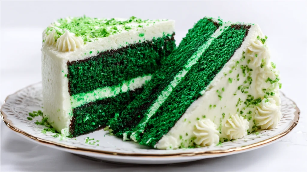 Green velvet cake with soft moist layers and smooth creamy frosting topped with crumbs