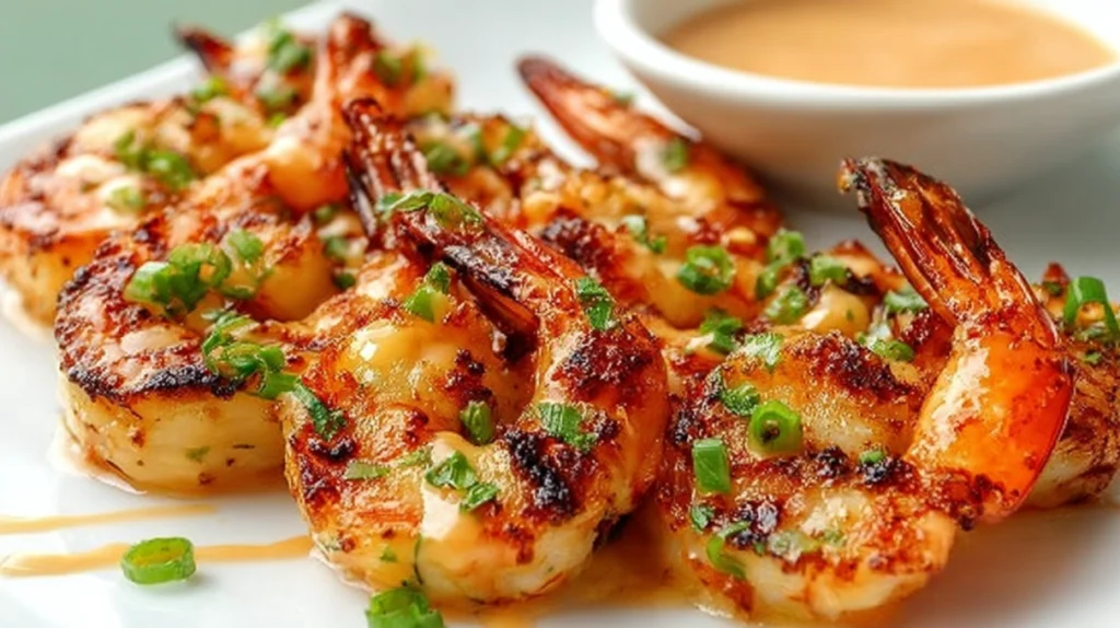 Grilled bang bang shrimp coated in a creamy spicy sauce and garnished with herbs