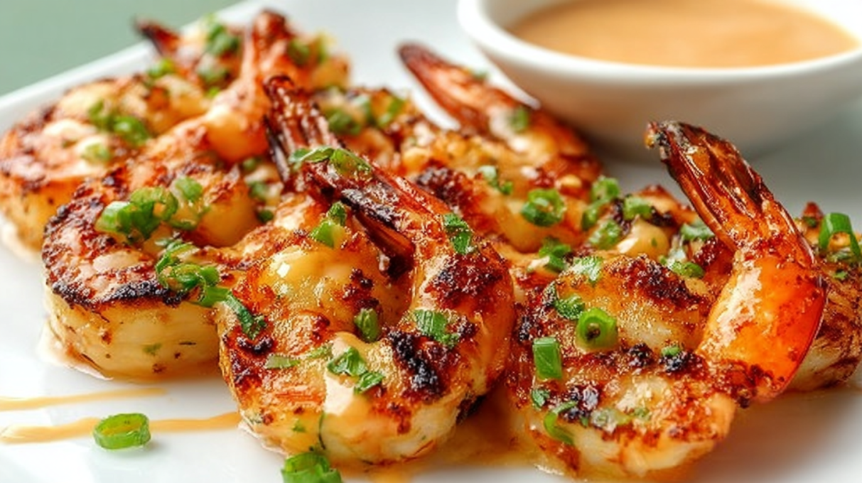 Grilled bang bang shrimp coated in a creamy spicy sauce and garnished with herbs
