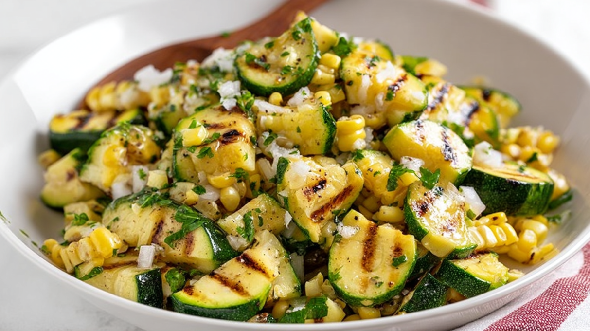 Grilled corn and zucchini salad with charred vegetables, fresh herbs, and light dressing