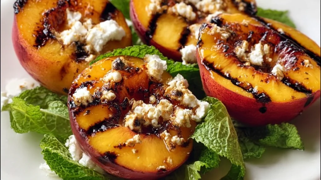 Grilled peaches topped with creamy goat cheese, drizzled with honey and garnished with herbs