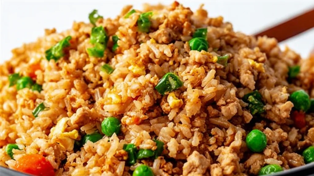 Ground chicken fried rice with vegetables, scrambled eggs, and savory seasoning in a skillet