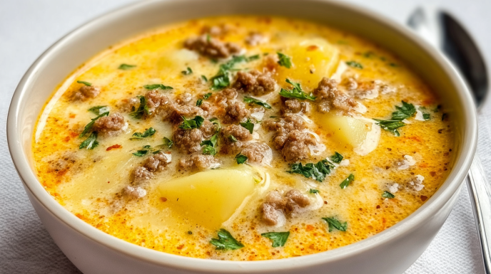 Hamburger potato soup with ground beef, potatoes, cheese, and creamy broth served in a bowl