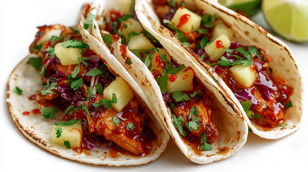 Hawaiian chicken tacos filled with grilled chicken, pineapple, cabbage, and sauce in soft tortillas