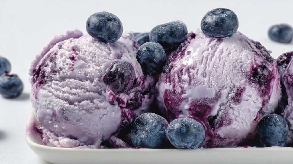 Homemade blueberry ice cream in a bowl with creamy texture and swirls of fresh blueberry puree