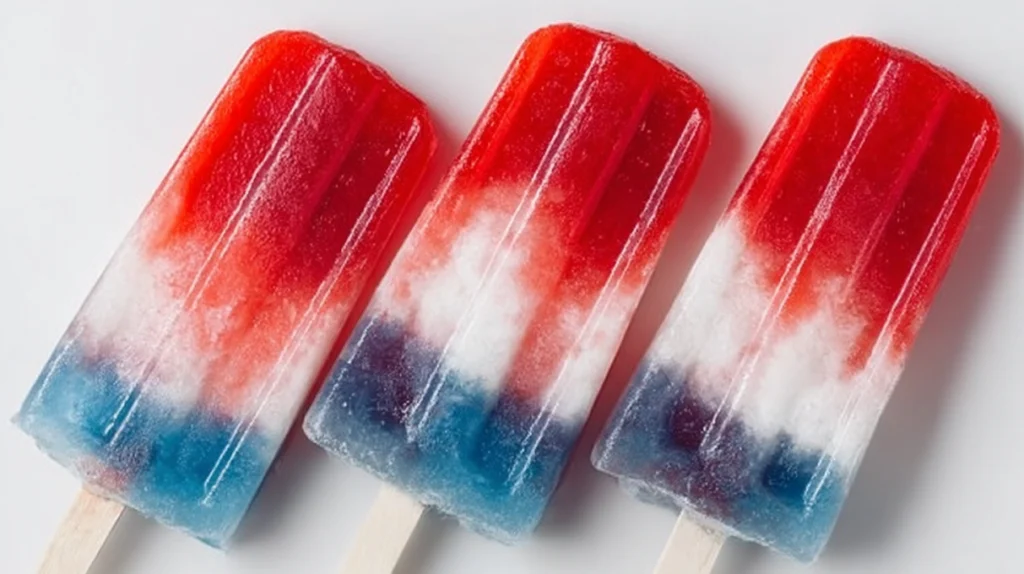 Colorful homemade bomb pops layered with red, white, and blue fruit flavors on wooden sticks.