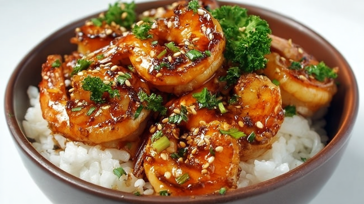 Honey garlic shrimp bowls with glazed shrimp, rice, and fresh vegetables topped with sesame seeds