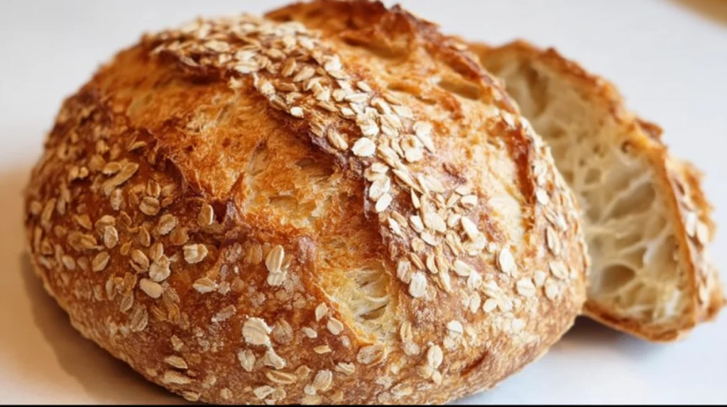 Honey oat sourdough bread loaf topped with rolled oats and a golden crust