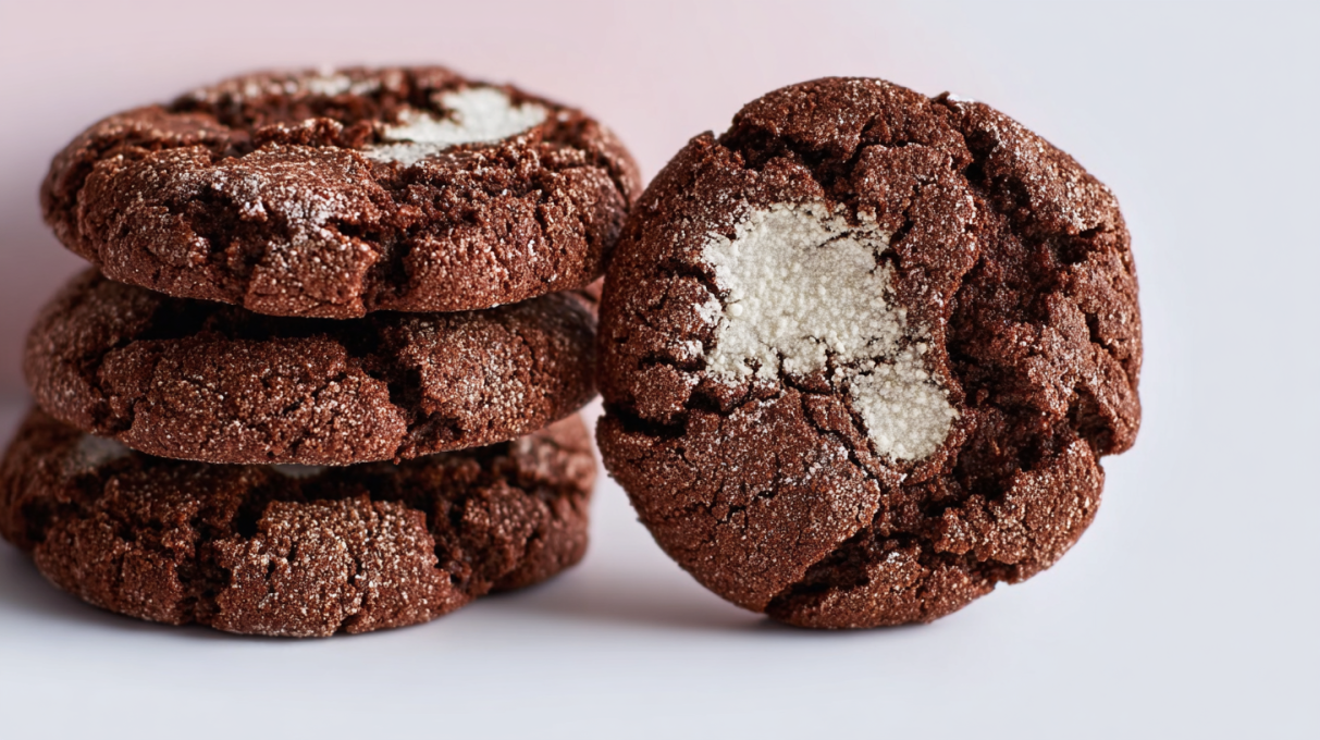 Hot cocoa cookies with soft chocolate centers, melted marshmallows, and a dusting of cocoa powder