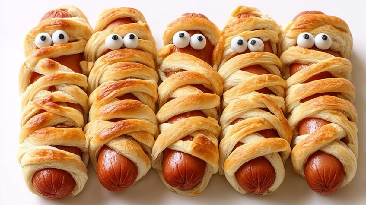 Hot dog mummies wrapped in golden baked dough with small gaps for eyes, served as a fun snack
