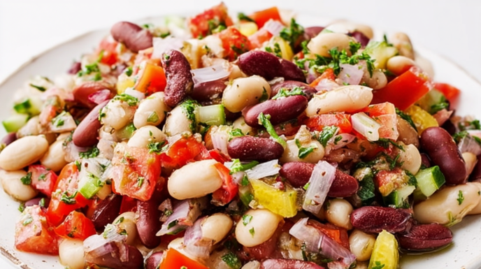 Italian bean salad with mixed beans, fresh vegetables, herbs, and Italian dressing