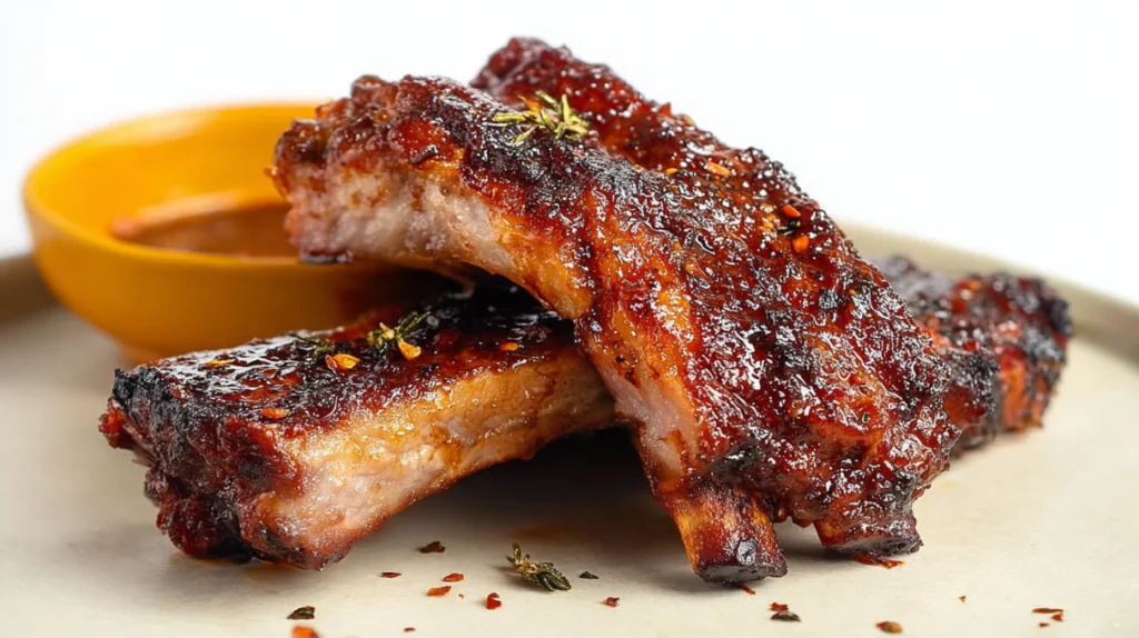 Jamaican jerk spare ribs with a spicy glaze, charred edges, and fresh herbs on top