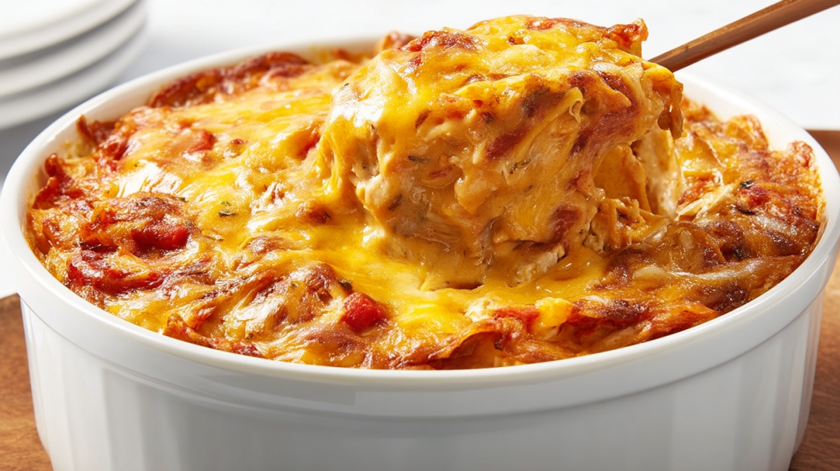 King Ranch chicken casserole baked with shredded chicken, creamy sauce, tortillas, and melted cheese