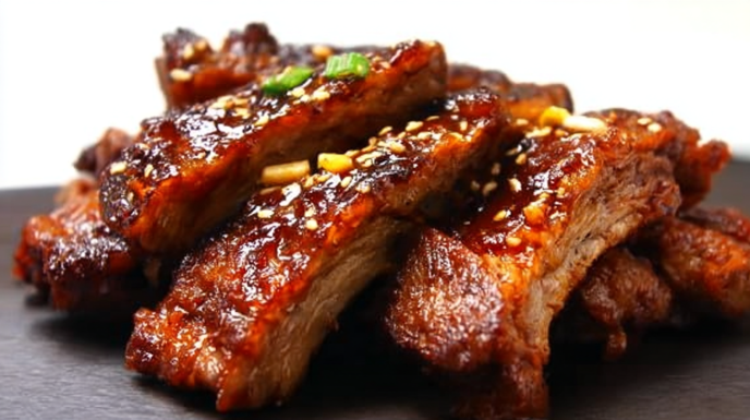 Korean country ribs glazed in a savory sweet sauce with sesame seeds and green onions