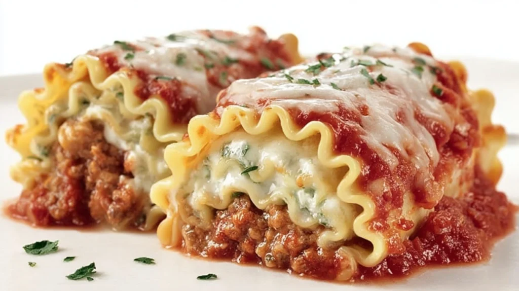 Lasagna rolls filled with cheese and sauce baked until bubbly and topped with melted mozzarella
