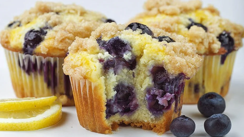 Lemon blueberry muffins with juicy blueberries and a soft fluffy texture topped with lemon glaze