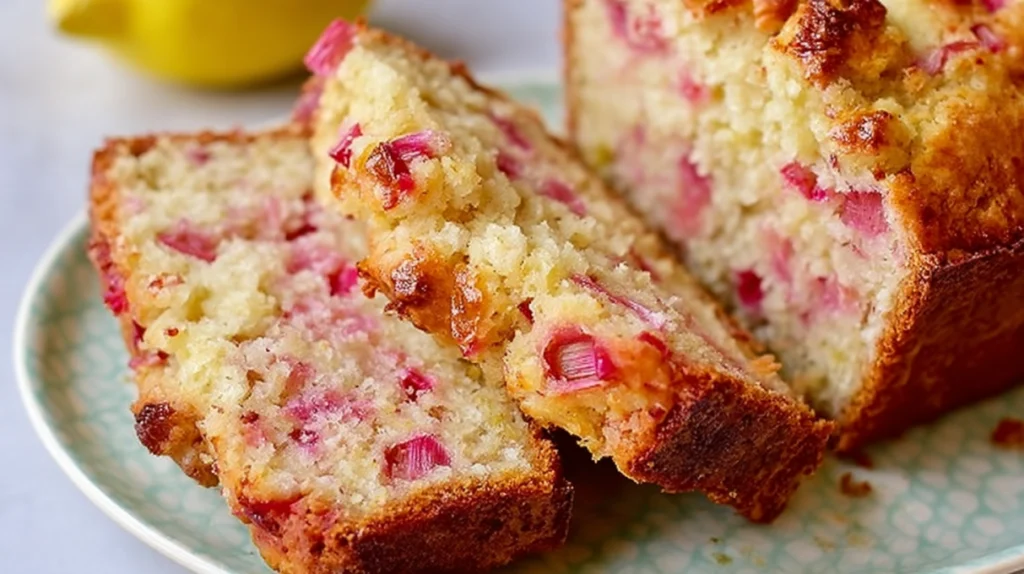 Lemon rhubarb bread loaf with a moist crumb, visible rhubarb pieces, and a light lemon glaze