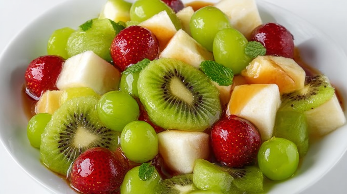 Leprechaun fruit salad with colorful fresh fruits arranged in a festive green-themed bowl Caption: