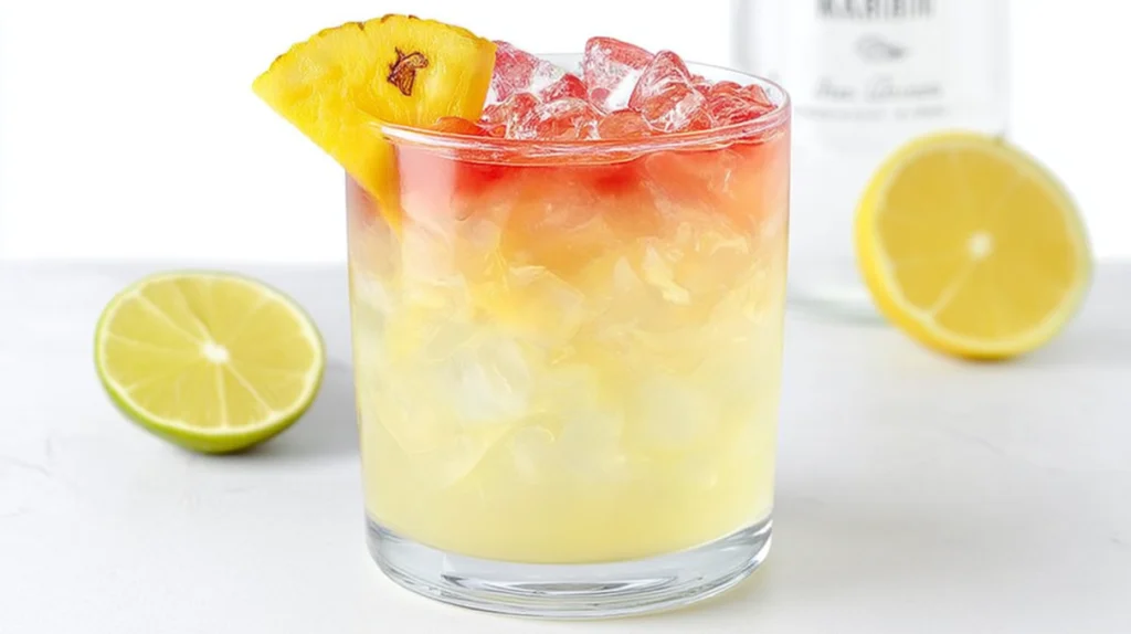 Malibu Bay Breeze cocktail with coconut rum, pineapple juice, and cranberry juice layered in a glass