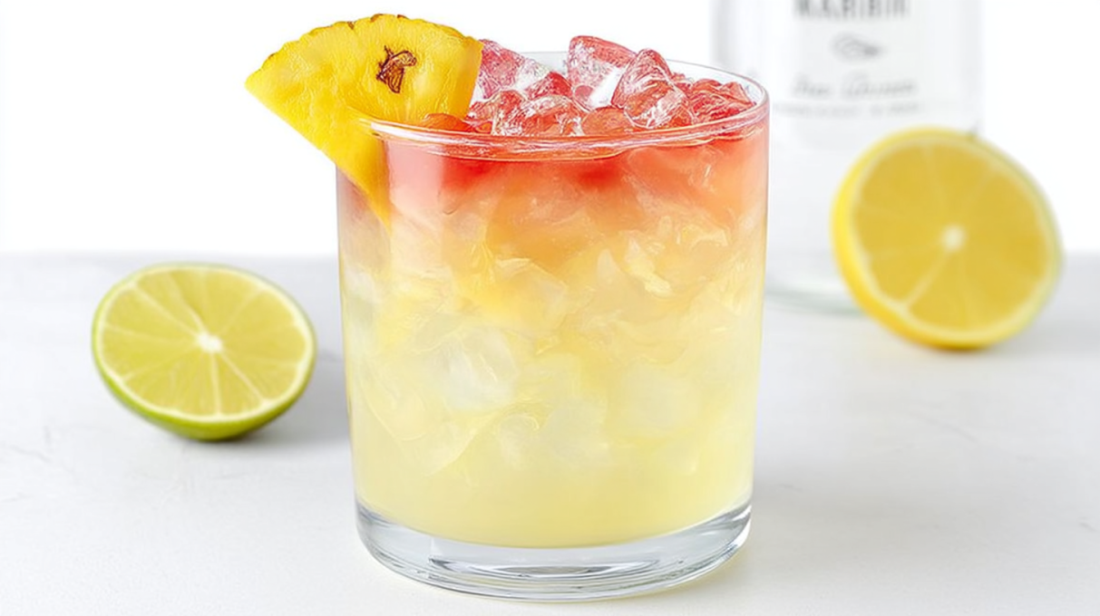 Malibu Bay Breeze cocktail with coconut rum, pineapple juice, and cranberry juice layered in a glass