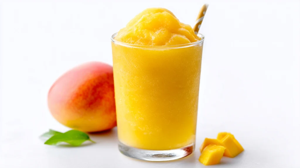 Mango slushie blended until icy and smooth, served in a glass with fresh mango pieces