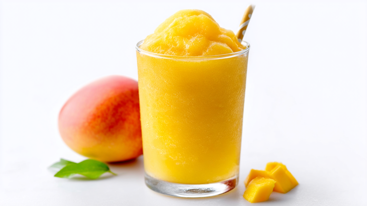 Mango slushie blended until icy and smooth, served in a glass with fresh mango pieces