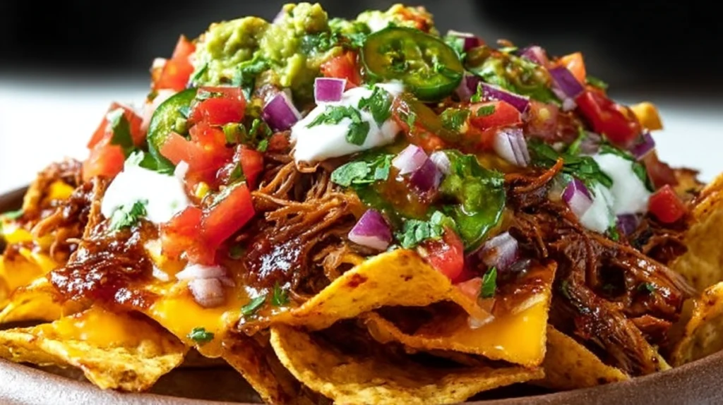 Mexican pulled pork nachos loaded with shredded pork, melted cheese, jalapeños, and fresh toppings