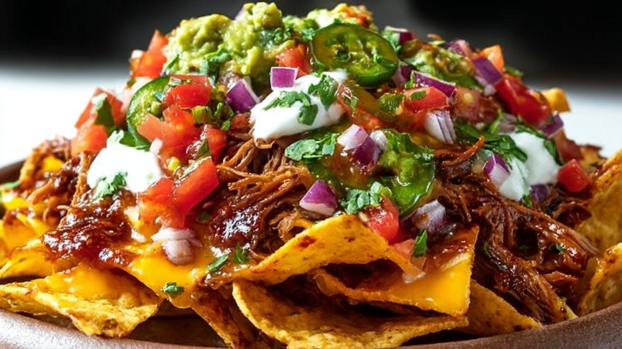 Mexican pulled pork nachos loaded with shredded pork, melted cheese, jalapeños, and fresh toppings