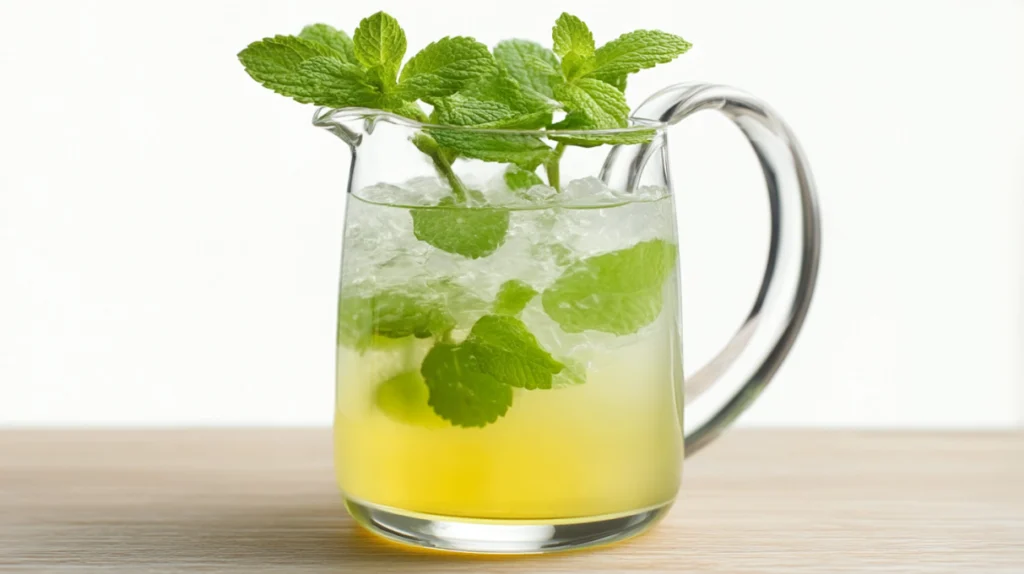 Mint julep pitcher filled with a refreshing bourbon drink, fresh mint leaves, and ice