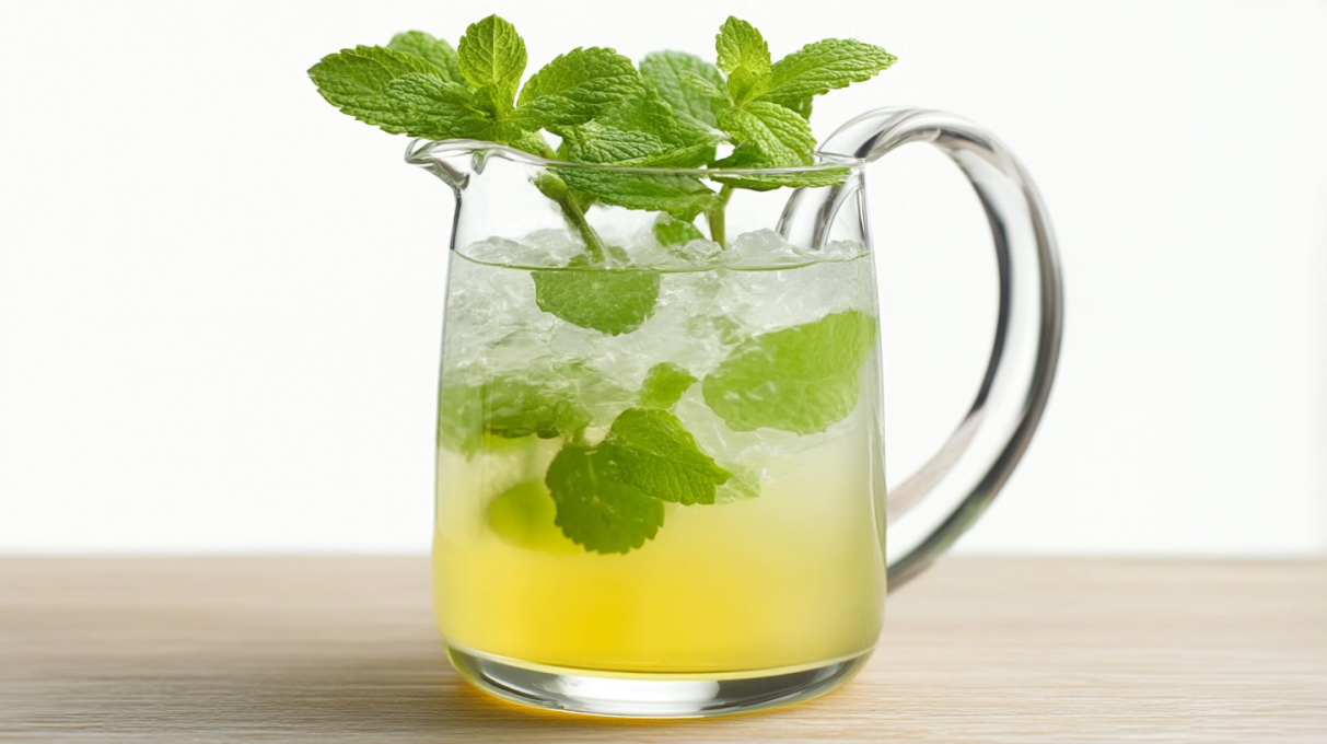 Mint julep pitcher filled with a refreshing bourbon drink, fresh mint leaves, and ice
