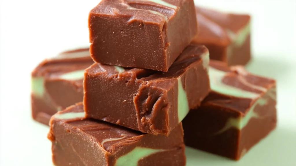 Mint chocolate fudge squares with creamy green mint layer and rich chocolate topping