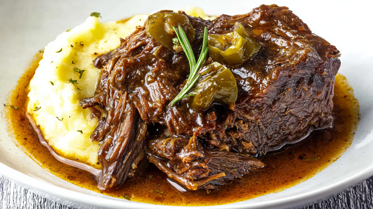 Mississippi pot roast with tender shredded beef, pepperoncini peppers, and rich gravy
