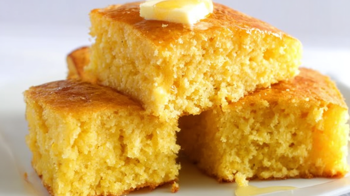 Moist cornbread with a golden crust and soft fluffy interior served warm with butter