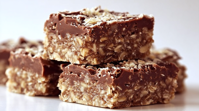 No bake chocolate oatmeal bars layered with oats and rich chocolate filling