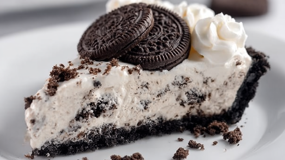 No bake Oreo pie with a creamy cookies and cream filling in a chocolate crust topped with crushed Oreos