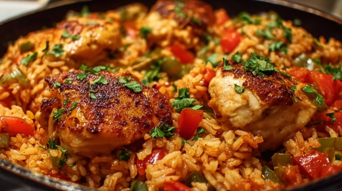 One-pan Mexican chicken and rice cooked with seasoned chicken, rice, peppers, and melted cheese