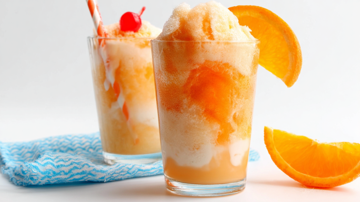 Orange float with fizzy orange soda and a scoop of vanilla ice cream creating a creamy frothy top