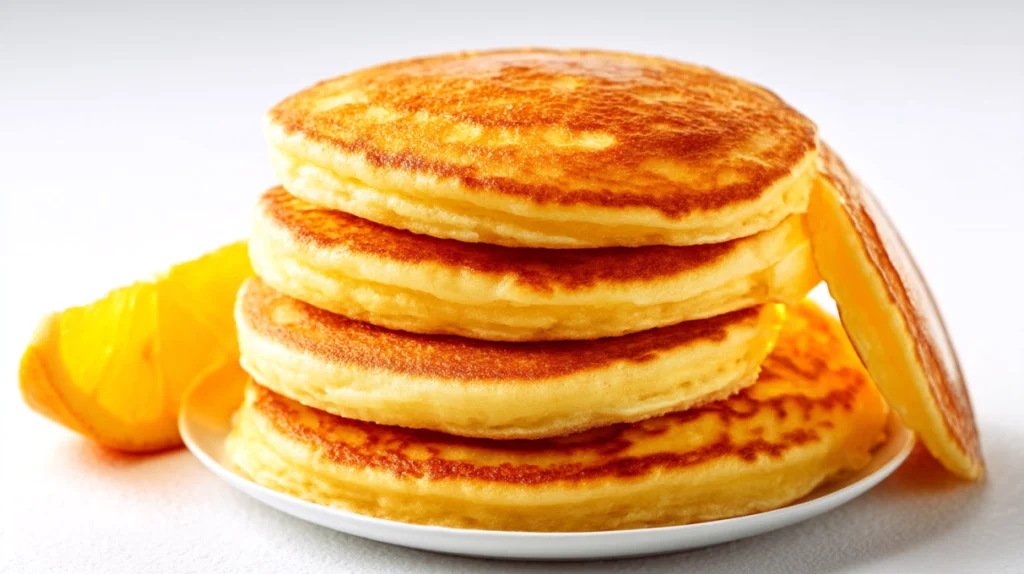 Orange vanilla pancakes stacked fluffy and golden, topped with syrup and orange zest