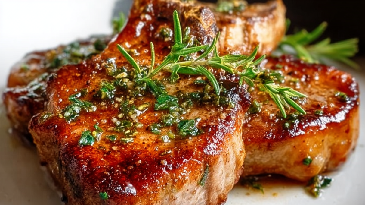 Pan fried pork chops cooked until golden brown with a crispy seasoned crust