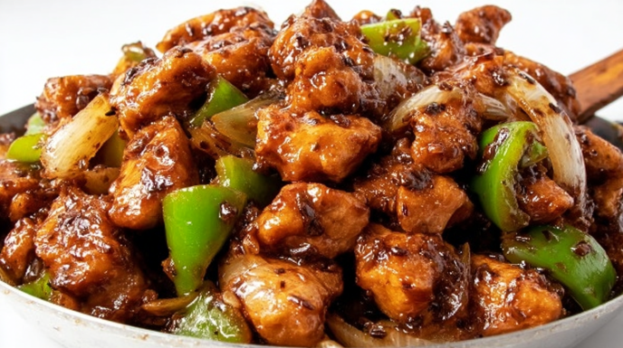 black pepper chicken with tender chicken, bell peppers, and onions in a savory black pepper sauce