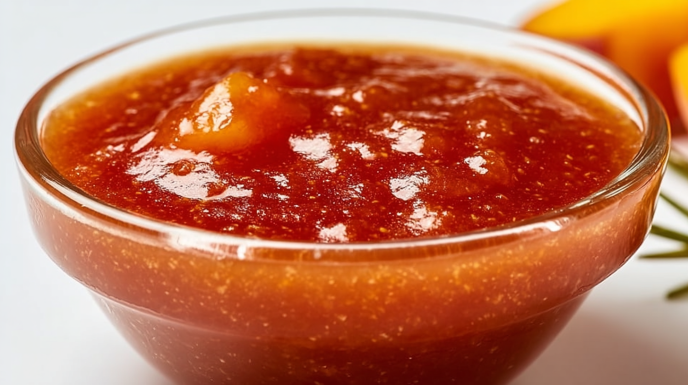 Peach BBQ sauce with a smooth, glossy texture and visible peach bits in a bowl
