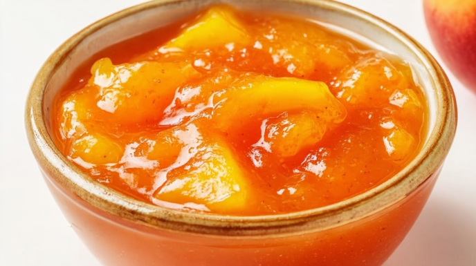 Peach pie filling with tender sliced peaches in a thick glossy syrup with cinnamon